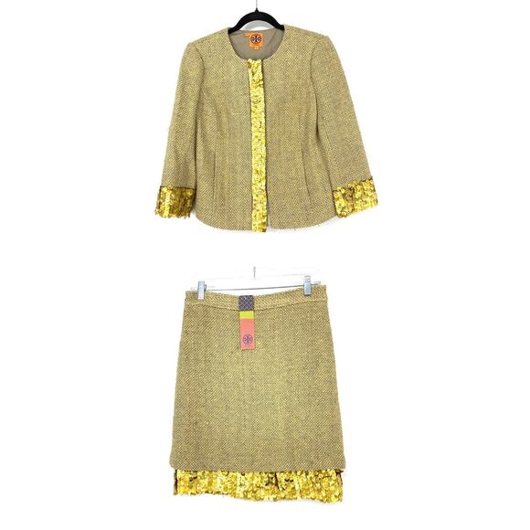 Tory Burch Other - Tory Burch Women's Sz 6 Gordie Skirt Suit Set Camel Tan Tweed Gold Sequined Trim